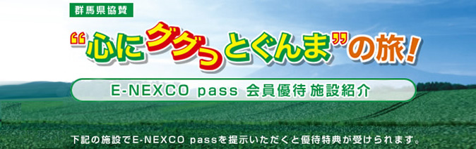 心にググっとぐんまの旅！E-NEXCO pass 会員優待施設紹介　下記の施設でE_NEXCO passを提示いただくと優待特典が受けられます。のイメージ画像