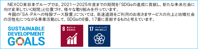 NEXCO東日本グループでは､2021～2025年度までの期間を｢SDGsの達成に貢献し､新たな未来社会に向け変革していく期間｣と位置づけ､様々な取り組みを行っています｡今回の｢SA･PAへの特設ブース設置｣については､高速道路をご利用のお客さまサービスの向上と地域社会の活性化につながる事業活動として､SDGsの8番､17番に貢献するものと考えています｡