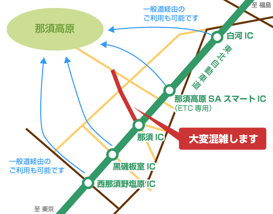 那須ICから那須高原へ向かう県道は、大変混雑することが予想されます。のイメージ画像