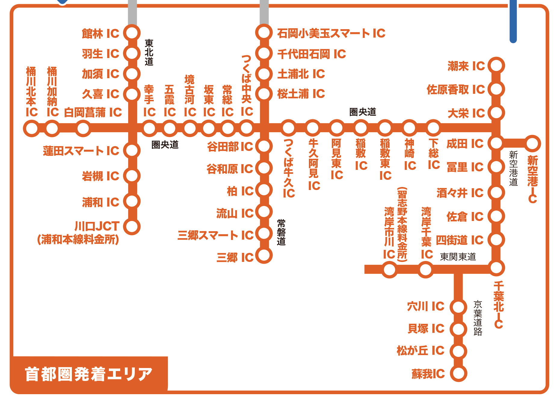 [出発エリア] / 東北道：川口JCT～館林 / 常磐道：三郷～石岡小美玉S / 圏央道：白岡菖蒲～久喜白岡JCT、つくば中央～神崎